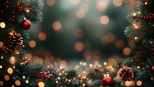 Delightful Christmas border of pine branches, red berries and pinecones with warm golden garland bokeh background and generous central space for text or seasonal greeting card design