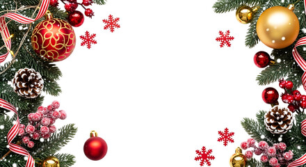 Christmas garland with ornaments, pine cone, red berries, and snowflakes on transparent background