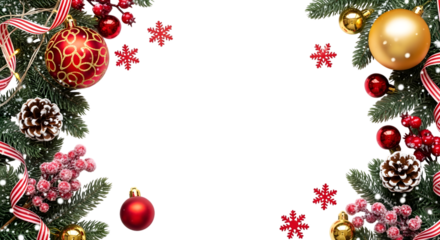 Christmas garland with ornaments, pine cone, red berries, and snowflakes on transparent background