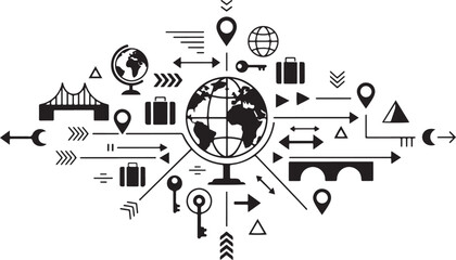 Obraz premium Global travel and logistics network with earth, bridges, and icons Keywords: globe, earth, world
