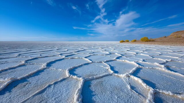 178Aerial view of expansive salt flats with geometric evaporation ponds, sparkling crystallized salt patterns under a vast clear blue sky, desert terrain stretching to horizon