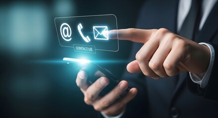 Businessman touching holographic icons for communication and contact options