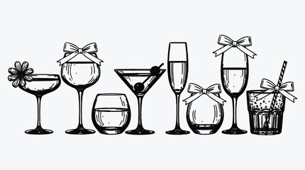 Festive cocktail glasses with bows and decorations for celebrations events