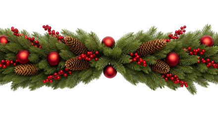 Christmas garland with pine cones, red berries and ornaments