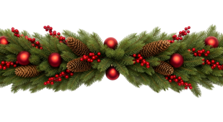 Christmas garland with pine cones, red berries and ornaments