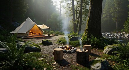 Cozy Glamping Tent in Misty Forest with Campfire.