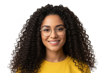 Smiling young woman with voluminous curly dark hair wearing stylish glasses and a bright yellow shirt isolated on transparent background