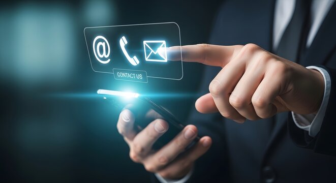 Businessman touching holographic icons for communication and contact options - Powered by Adobe