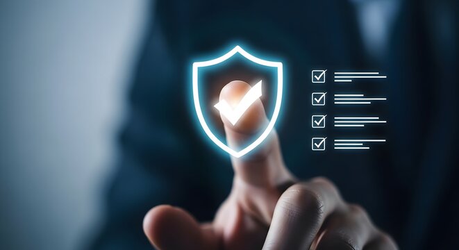 Fingerprint scanning a glowing shield for digital security and data protection
