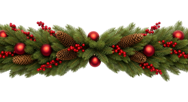 Christmas garland with pine cones, red berries and ornaments