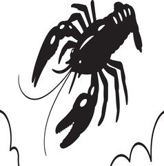 Black silhouette of a crawfish or lobster swimming in water, suitable for seafood menus and ocean themes.