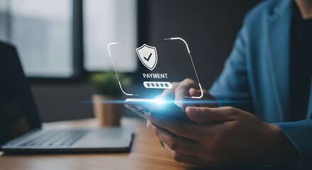Person using smartphone with digital security shield and password icon overlay