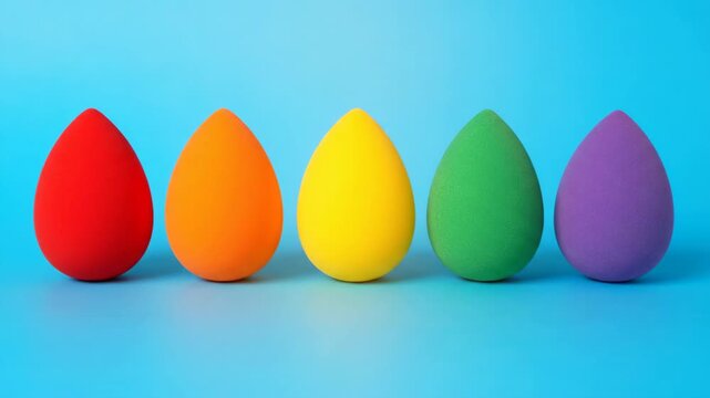 Colorful Makeup Sponges on Blue - This video shows a row of five colorful makeup sponges. The sponges are red, orange, yellow, green, and purple, and they are set against a blue background.