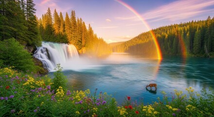A serene waterfall cascades into a tranquil lake, surrounded by lush greenery and a vibrant rainbow in the sky.