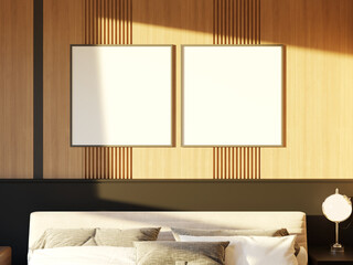 Stylish bedroom with a large blank frame on the wall for custom artwork.