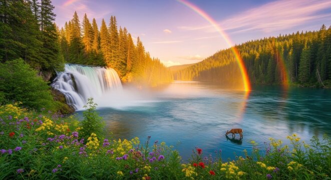 A serene waterfall cascades into a tranquil lake, surrounded by lush greenery and a vibrant rainbow in the sky. - Powered by Adobe