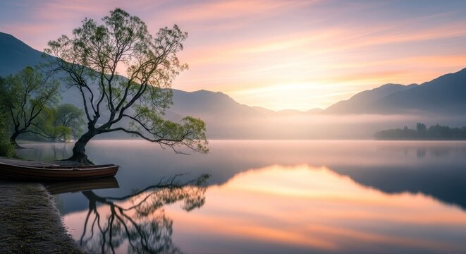 A serene lake with a lone tree and a boat at sunset, with a mountain range in the background.
