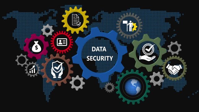DATA SECURITY, International Organization for Standardization concept. Technology, Internet and network concept on world background 4k video