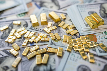 Stack of gold bars with dollar money expressing financial power, wealth, and economic stability