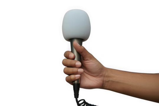 Hand holding microphone for interview on black background isolated isolated on transparent background