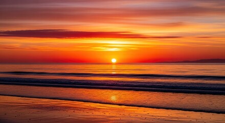 A vibrant sunset over the ocean with a golden sun setting behind the horizon.