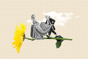 Poster banner 3d collage photo of two happy duchess duke dance together chrysanthemum flower bloom...