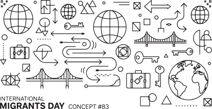 International Migrants Day Concept Globes Suitcases Bridges Keys Arrows world travel - Powered by Adobe