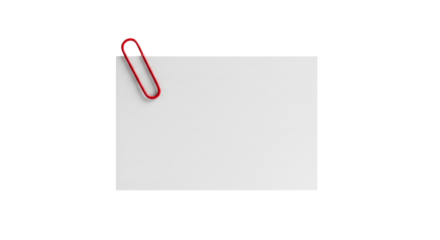 Red paperclip on a white piece of paper isolated on transparent background