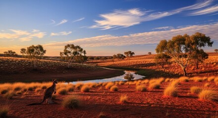 A kangaroo standing in a dry, arid landscape with scattered trees and a small body of water.