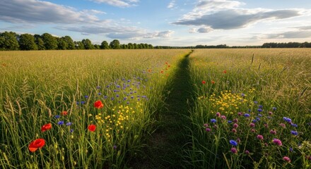 A path through a vibrant meadow with wildflowers and poppies, leading towards a distant horizon under a clear blue sky with scattered clouds.