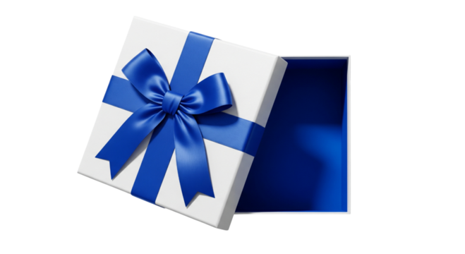 Open white gift box with blue ribbon and bow isolated on transparent background - Powered by Adobe