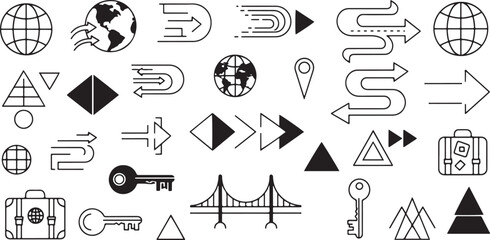 Travel and directional icons with globes, bridges, and suitcases Keywords: globe, earth, world