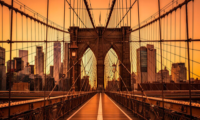 Brooklyn Bridge Center View with Skyline During Golden Hour Sunset Panorama