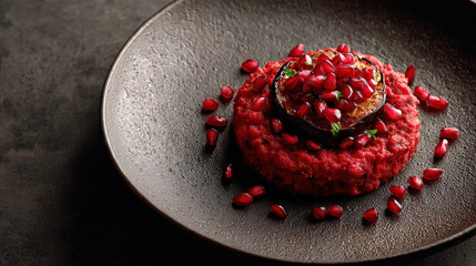 Smoky mash of eggplant and tomato with pomegranate, artfully arranged on a dark plate. The plate's contents comprise a bed of beetroot risotto.