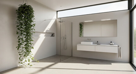 Ultra-Minimalist Bathroom with Dramatic Trailing Plant
An ultra-modern and bright bathroom interior characterized by an expansive, minimalist design and abundant natural light from large windows