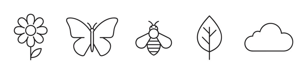 A collection of minimalist nature icons including a flower, butterfly, bee, leaf, and cloud, presented in a simple black and white line art style for graphic design