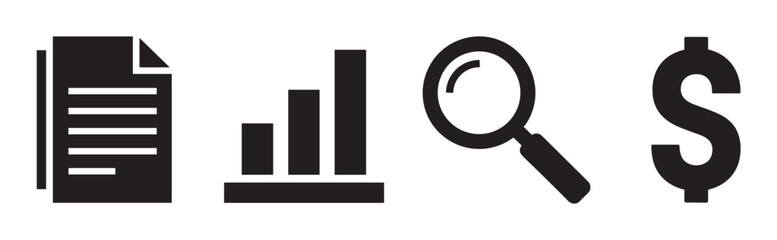 Obraz premium Minimalist flat vector icon set for business and finance, featuring a report document, growth bar chart, research magnifying glass, and a dollar sign for data analysis