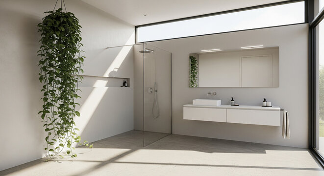 Ultra-Minimalist Bathroom with Dramatic Trailing Plant
An ultra-modern and bright bathroom interior characterized by an expansive, minimalist design and abundant natural light from large windows