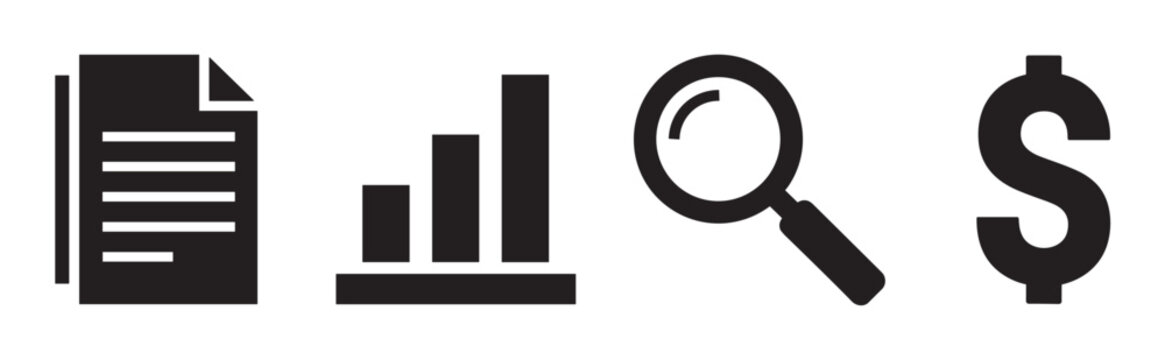 Minimalist flat vector icon set for business and finance, featuring a report document, growth bar chart, research magnifying glass, and a dollar sign for data analysis