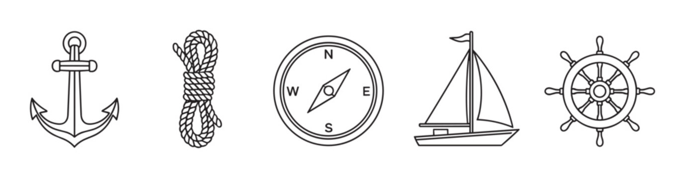 A collection of five distinct black outline nautical icons, including an anchor, coiled rope, compass, sailboat, and ship's wheel, presented in a clean, illustrative style