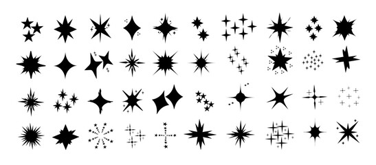 Set of retro stars. Star of various shapes on white background. Shining stars icon. Y2k style. Vector illustration.