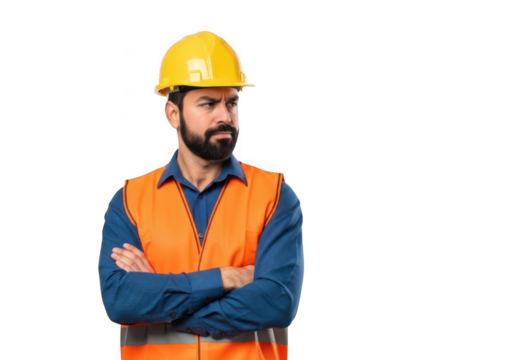 A serious male construction worker wearing a yellow hard hat and orange safety vest with arms crossed isolated on transparent background