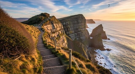 Dramatic coastal cliff path at sunset with ocean waves crashing below.