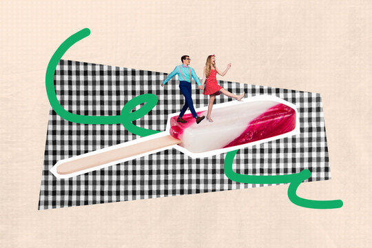 Composite collage template sketch of couple boyfriend girlfriend walk ice cream summer season dinner kitchen culinary gourmet nutrition