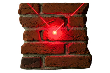 Security alarm concept with a red laser grid on a brick wall isolated on transparent background