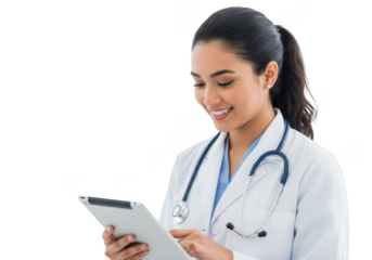 Smiling female physician wearing white lab coat and stethoscope holding and reviewing digital tablet isolated on transparent background