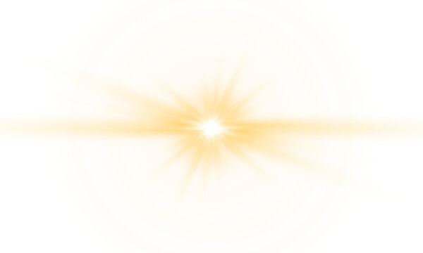 Glowing golden sunburst with sunlight radiant sparkling sun beam and sunrays, soft sunrise shine bright beams lens flare ray ethereal illumination effect on transparent png background