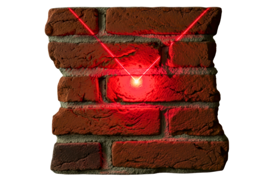 Security alarm concept with a red laser grid on a brick wall isolated on transparent background