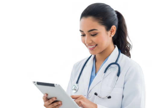 Smiling female physician wearing white lab coat and stethoscope holding and reviewing digital tablet isolated on transparent background
