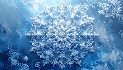 A large, detailed, stylized snowflake design rendered in shades of blue and white, set against a dreamy background